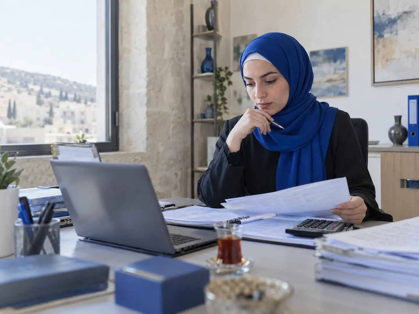 محاسبة تراجع أوراقًا وتقارير أمام لابتوب وآلة حاسبة